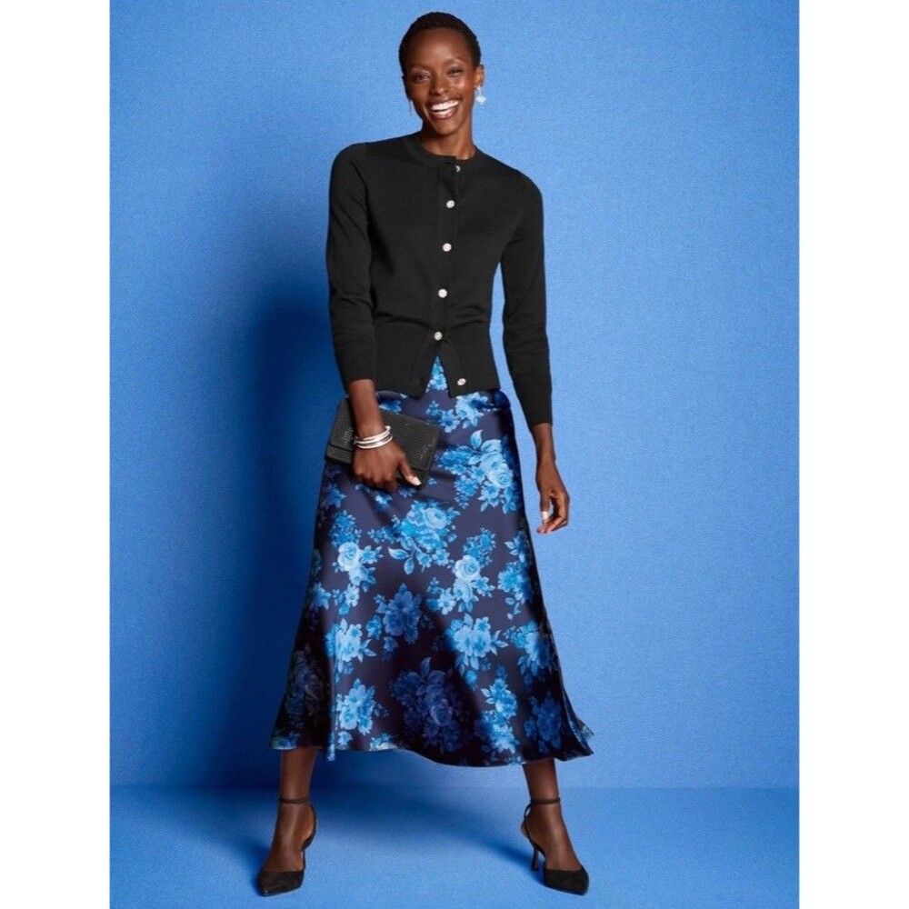 Talbots Satin Floral Maxi Skirt 16W Blue Flowy Slip Party Evening Coastal Resort